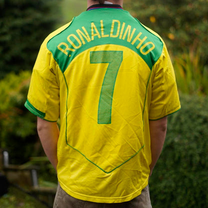 2004 Brazil Home Shirt by Nike - Ronaldinho #7. Size Medium